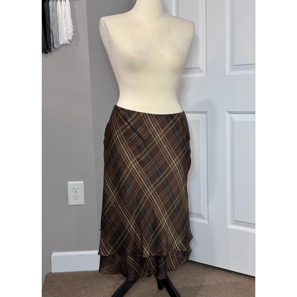 Vintage Lauren Ralph Lauren Silk Skirt Sz 8 Petite Brown Plaid VTG Y2K